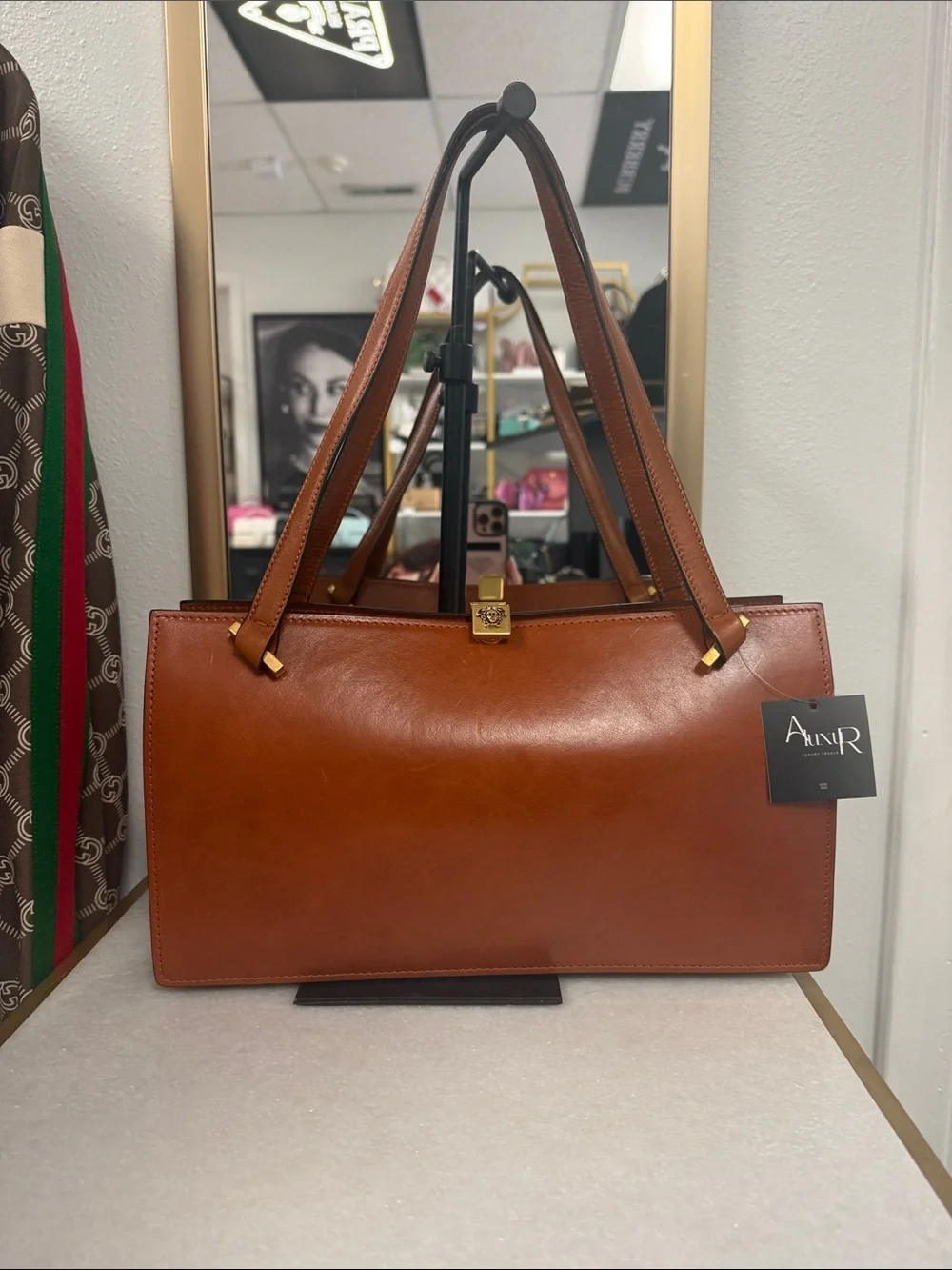 Versace Tan Leather Tote with Gold Medusa Lock